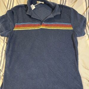 Blue Polo Shirt with Multicolor Stripes